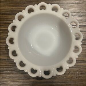 Vintage Anchor Hocking Milk Glass Open Heart Lace Edge 9-1/2"  Bowl